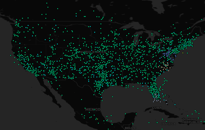 A snapshot of a live view of ADS-B over the United States