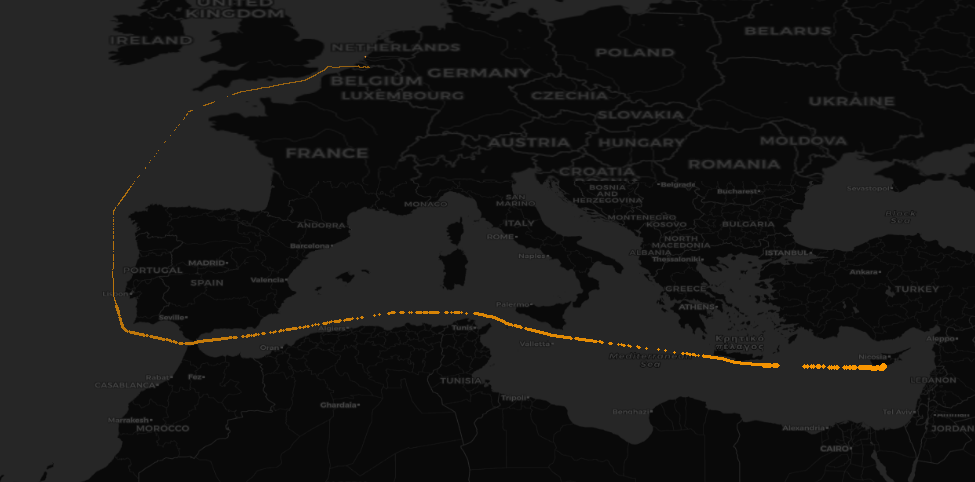 Locations shown by the AIS data for the BEANR to CYLMS journey